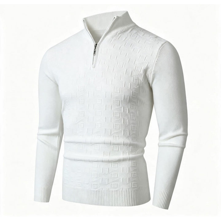 Men's Slim-Fit Fine Knit Half-Zip Sweater with Stand Collar and Geometric Relief Mune Fashion