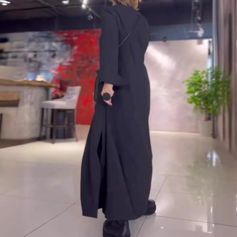 Women's Long Maxi Dress with Stand Collar, Side Pockets and Loose Fall Mune Fashion