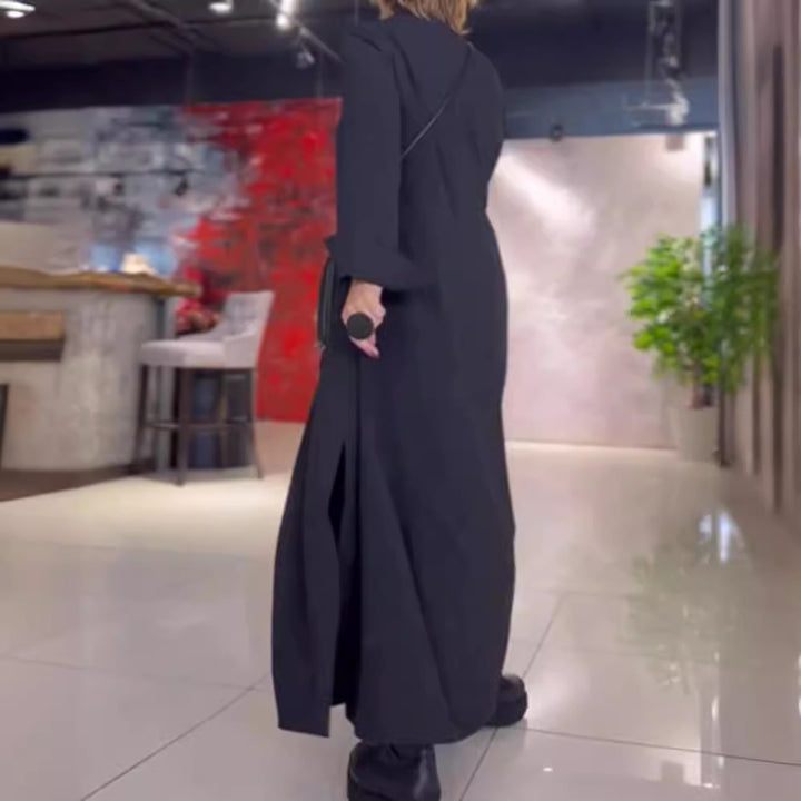 Women's Long Maxi Dress with Stand Collar, Side Pockets and Loose Fall Mune Fashion