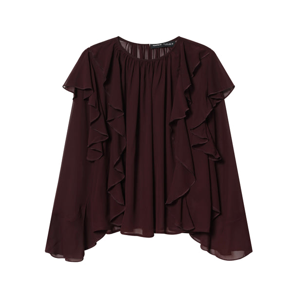Ladies' voluminous chiffon blouse with layered ruffles, gathered neckline, and loose fit Mune Fashion