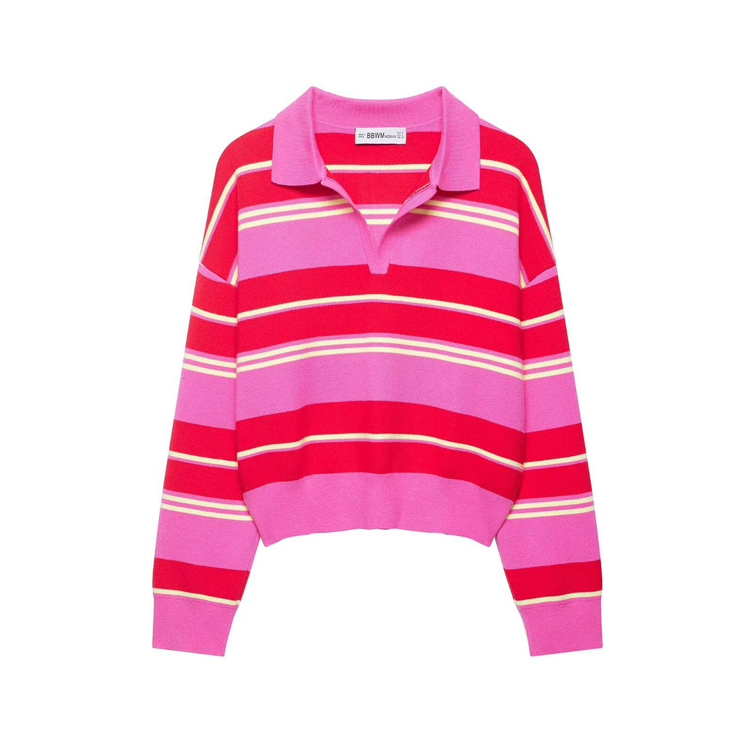 Women Striped Rugby Polo Sweater with V-Notch and Cropped Hem Mune Fashion