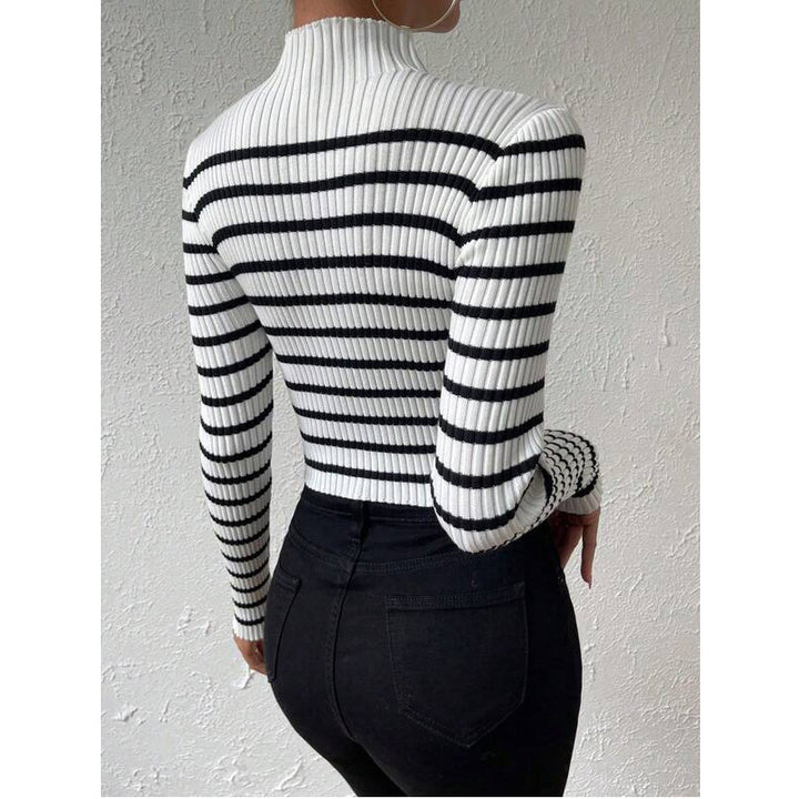 Women's fine knit sweater with short stand-up collar, ribbed texture, and maritime stripes Mune Fashion