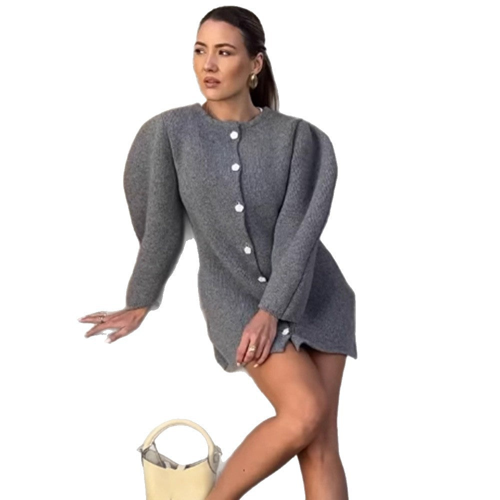 Women's knitted mini dress cardigan with voluminous balloon sleeves and decorative button placket Mune Fashion