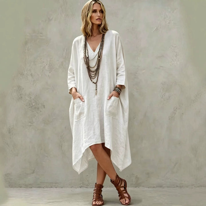 Women's Oversize Kaftan Dress with V-Neck, Side Pockets and Asymmetrical Hem Mune Fashion