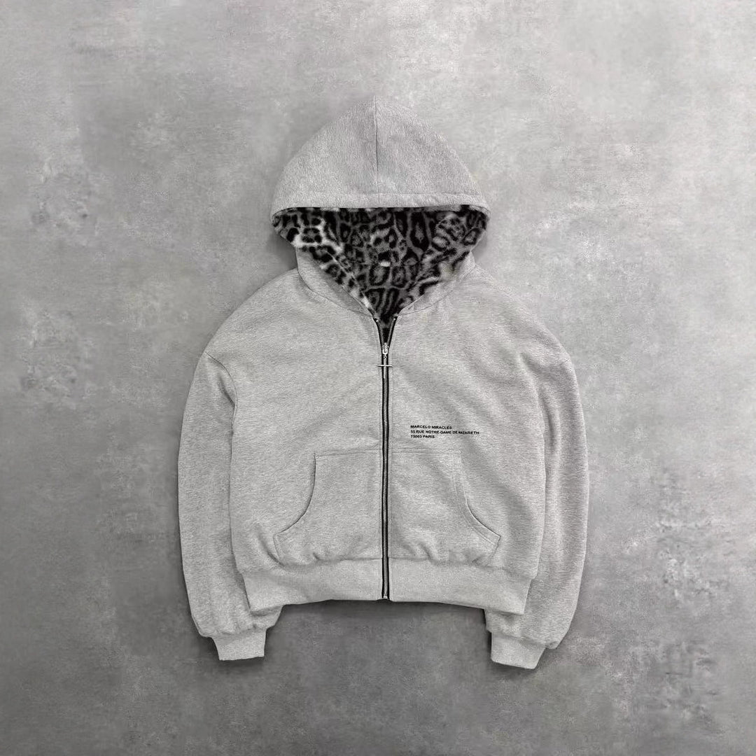 Unisex hooded sweatshirt jacket with faux fur lining, cropped cut and cross zipper Mune Fashion