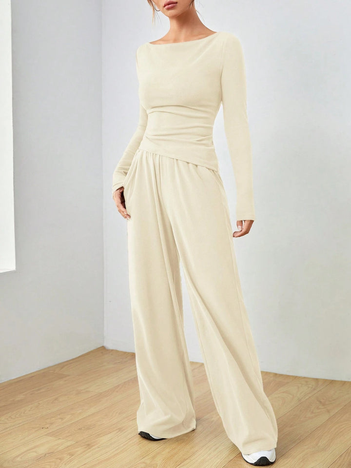 Women's Casual Two-Piece Lounge Set with Boat Neck, Tailored Draping and Wide Palazzo Pants Mune Fashion