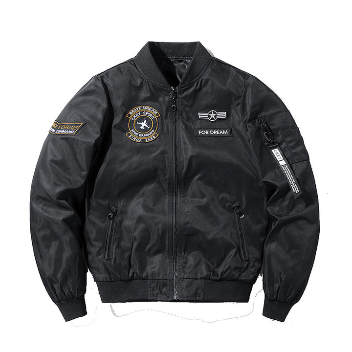 Men's lightweight water-repellent flight bomber jacket with embroidered airplane patches and side pocket on the arm Mune Fashion