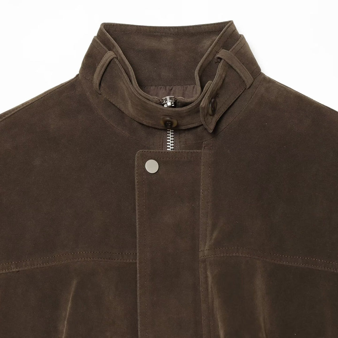 Women's short faux suede bomber jacket with high stand-up collar Mune Fashion