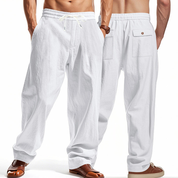 Men's wide comfort trousers in linen blend with elastic drawstring, straight leg, and patch back pockets Mune Fashion