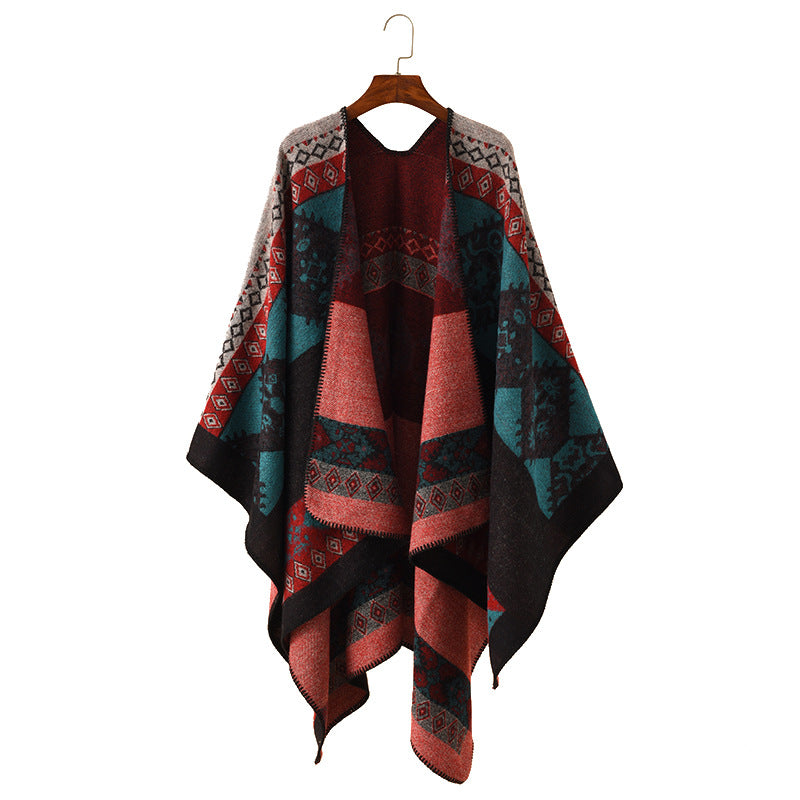 Women's Oversize Knit Poncho with Folk Jacquard Pattern Mune Fashion