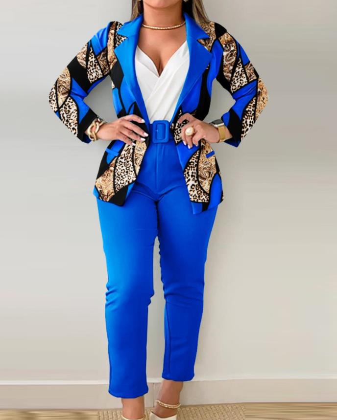 Women's tailoring set with animal print lapel, tailored belt blazer and high-waist slim pants Mune Fashion