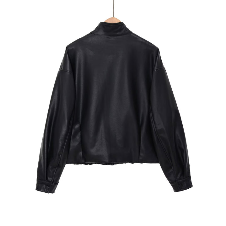 Women's short PU leather bomber jacket with stand-up collar, snap button placket, and elastic hem Mune Fashion