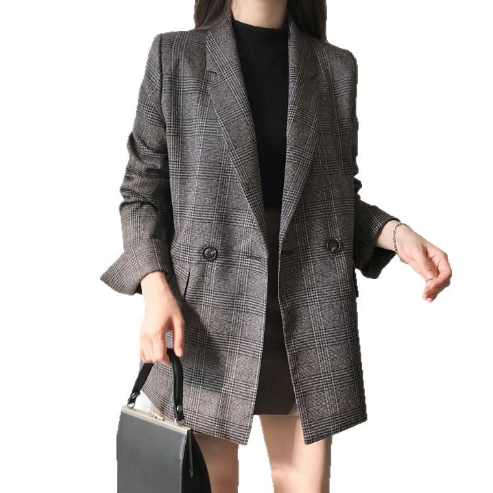 Women's Elegant Checked Blazer with Double Button Placket Mune Fashion