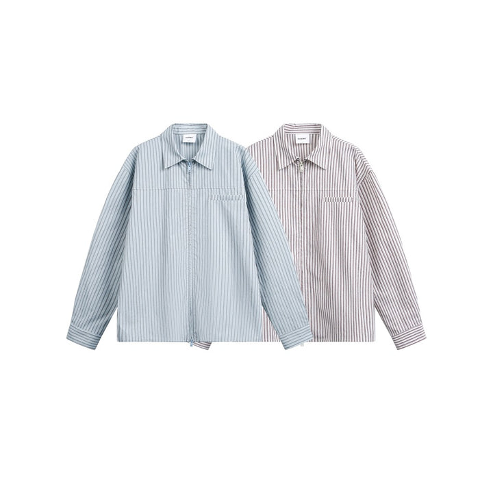 Unisex Lightweight Striped Shirt Jacket with Continuous Zipper and Chest Piped Pocket Mune Fashion