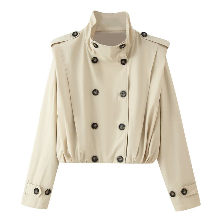 Women's Cropped Double-Breasted Trench Blouson with Stand Collar, Epaulettes, and Elastic Hem Mune Fashion
