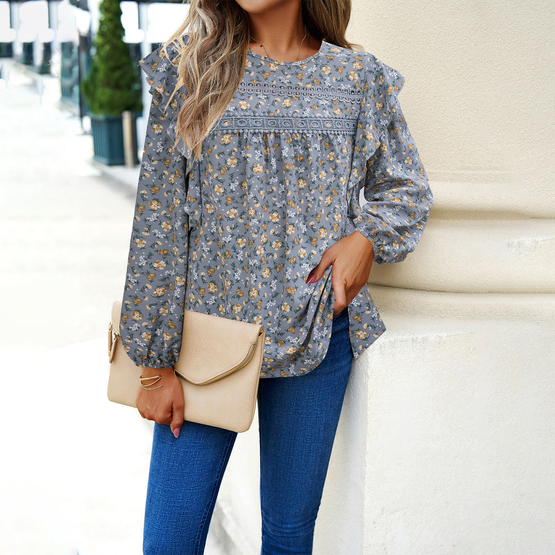 Women's romantic shirt blouse with lace trim, ruffle sleeves, and loose tunic silhouette Mune Fashion