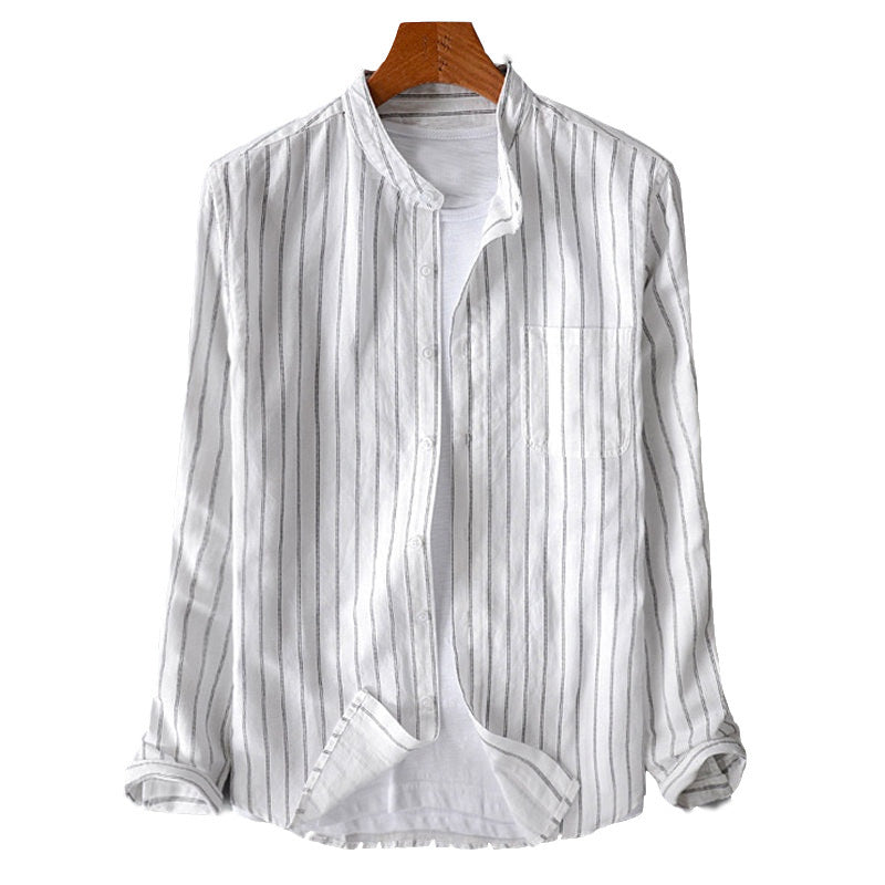 Men's casual striped stand-up collar shirt made of linen-cotton mix with chest pocket Mune Fashion