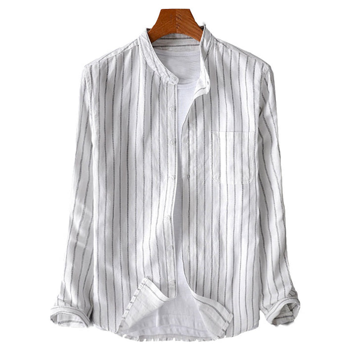 Men's casual striped stand-up collar shirt made of linen-cotton mix with chest pocket Mune Fashion