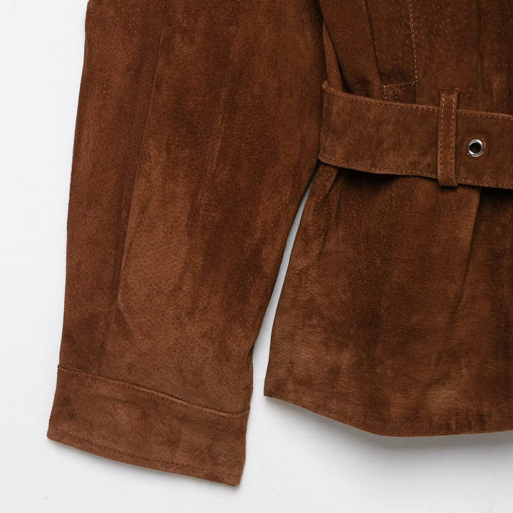 Women’s waist-hugging suede leather trench coat with stand-up collar and wide tie belt Mune Fashion