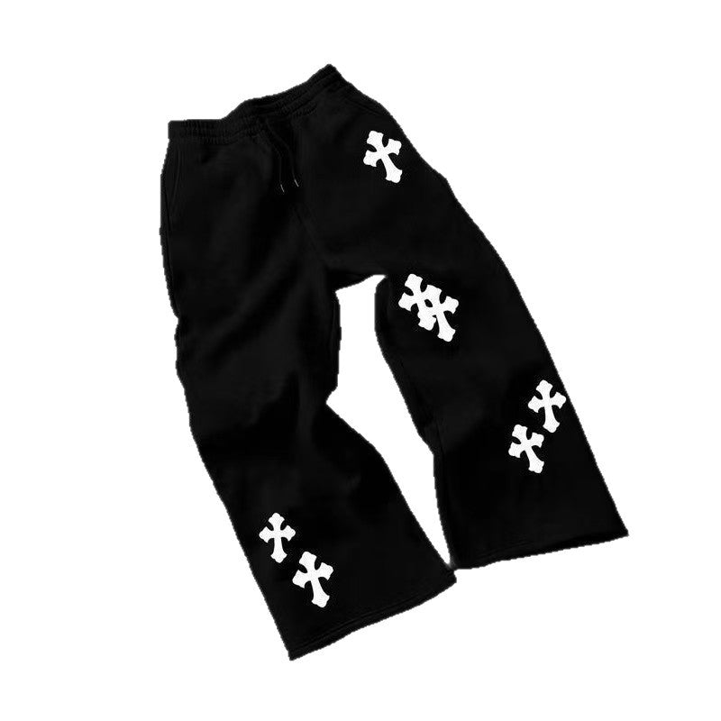 Men's Loose Sweatpants with Gothic Cross Print, Drawstring & Drop Crotch Mune Fashion