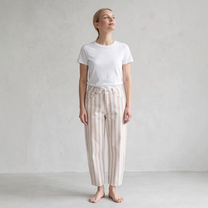Women High-Waisted Striped Linen Pants with Wide Leg and Cropped Length Mune Fashion