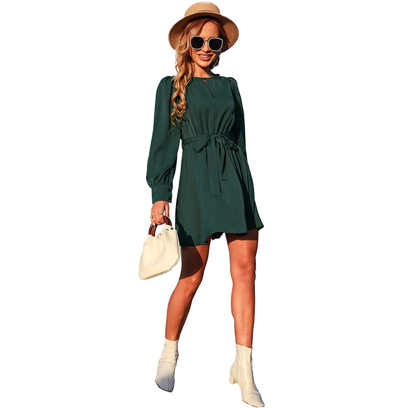 Women's Elegant Short Sleeve Dress with Belt Mune Fashion