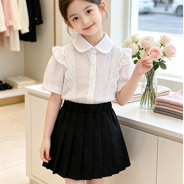 Girl Ruffled Blouse with Lace Accents Mune Fashion