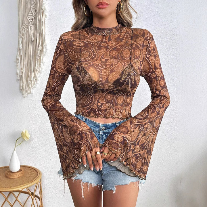 Women's transparent Paisley mesh crop top with high collar, trumpet sleeves, and wavy hem Mune Fashion