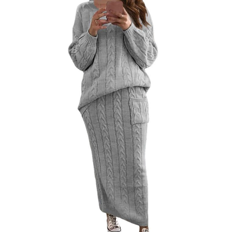 Women’s knitted set oversized cable knit sweater and maxi pencil skirt with patch pocket Mune Fashion