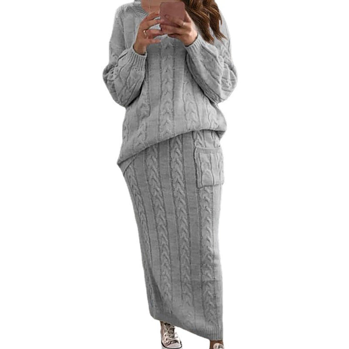 Women’s knitted set oversized cable knit sweater and maxi pencil skirt with patch pocket Mune Fashion