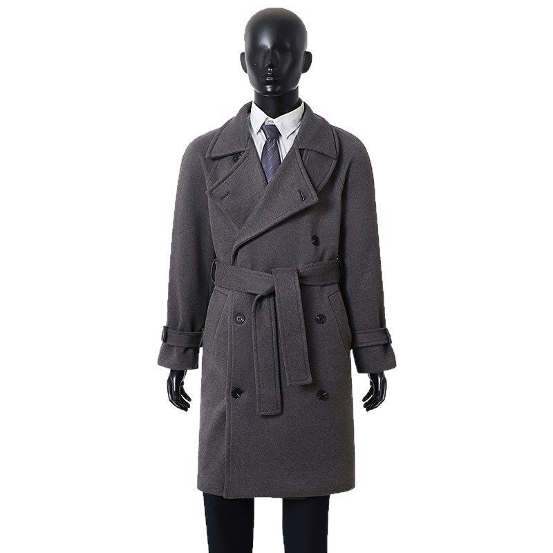 Men's Maxi-Length Double-Breasted Wool Mix Coat with High Stand Collar, Waist Belt and Adjustable Cuff Straps Mune Fashion