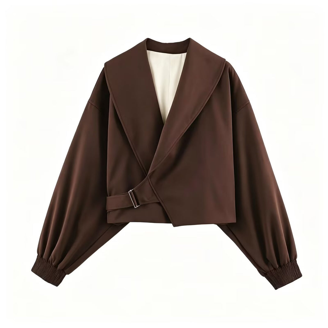 Women's 40+ Cropped Wrap Blouse with Oversized Balloon Sleeves and Asymmetrical Buckle Closure Mune Fashion