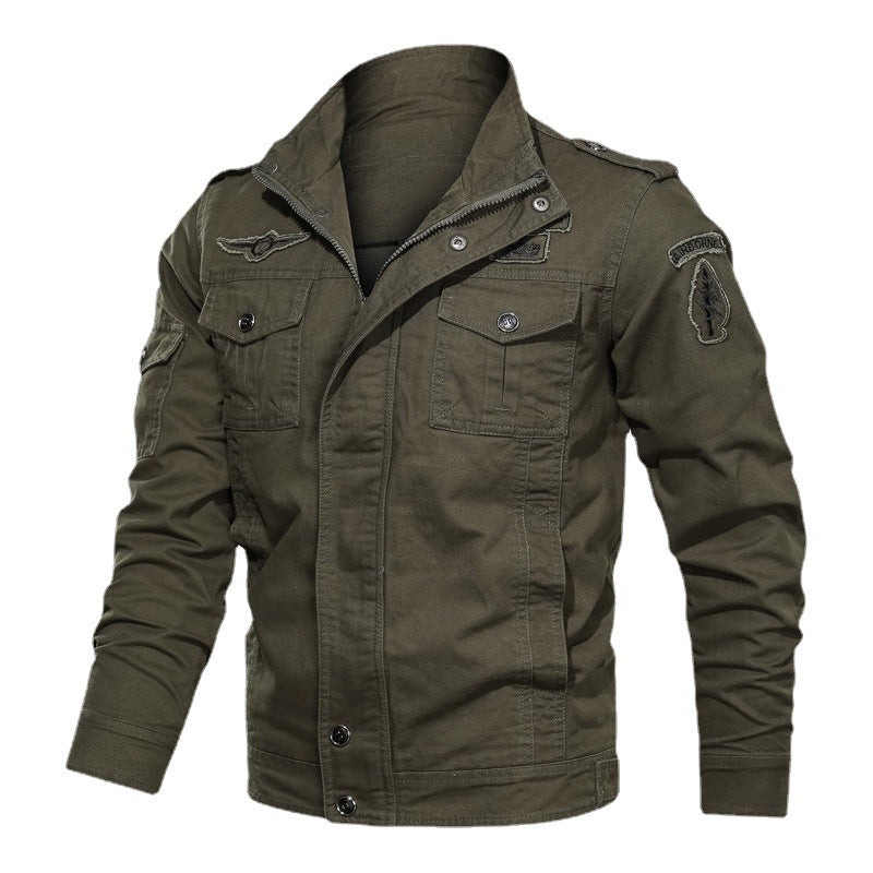 Men's Military Canvas Field Jacket with Stand Collar Shoulder Epaulettes and Multifunctional Pockets Mune Fashion