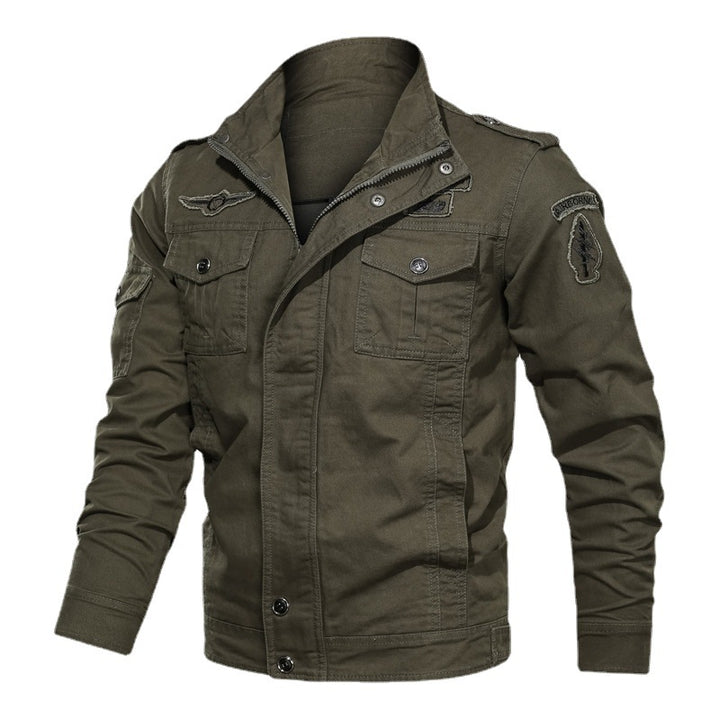 Men's Military Canvas Field Jacket with Stand Collar Shoulder Epaulettes and Multifunctional Pockets Mune Fashion