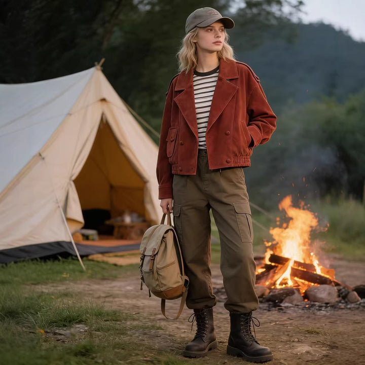 Women's short jacket made of suede in an oversized cut with a double-breasted button placket Mune Fashion