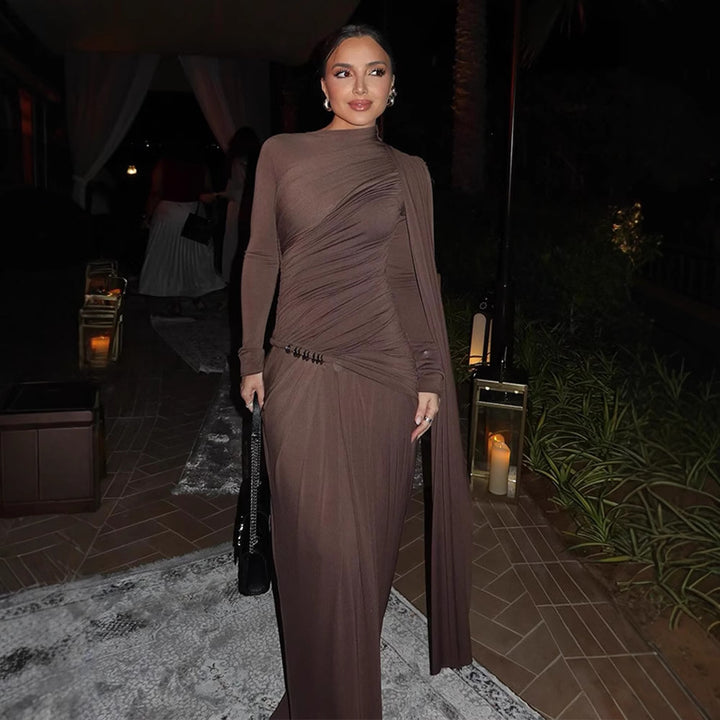 Women's figure-hugging evening dress with asymmetrical draping, gathered bodice and long draped bow Mune Fashion