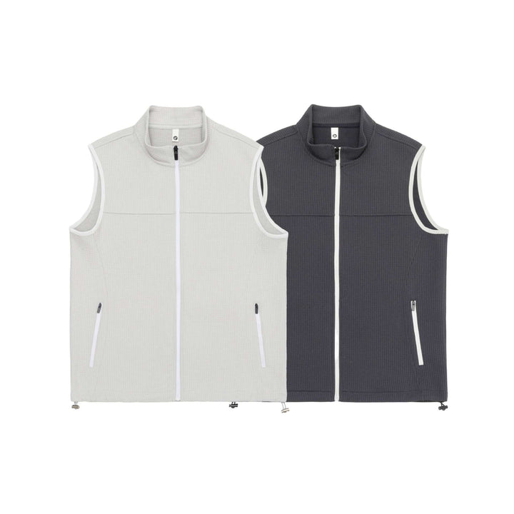 Unisex waffle-structured outdoor vest with stand-up collar, full-length zipper, and drawstring hem Mune Fashion