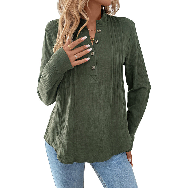 Women's Light Crinkle Henley Blouse Shirt with Stand Collar, Long Sleeves and Relaxed Fit Mune Fashion