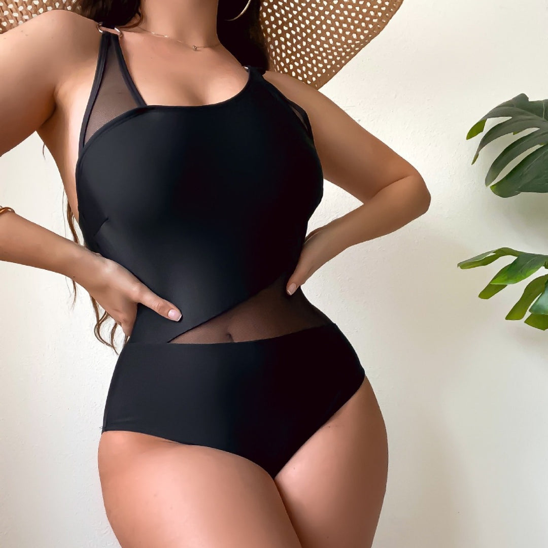 Ladies One-Piece Swimsuit with Transparent Inserts and Asymmetrical Design Mune Fashion