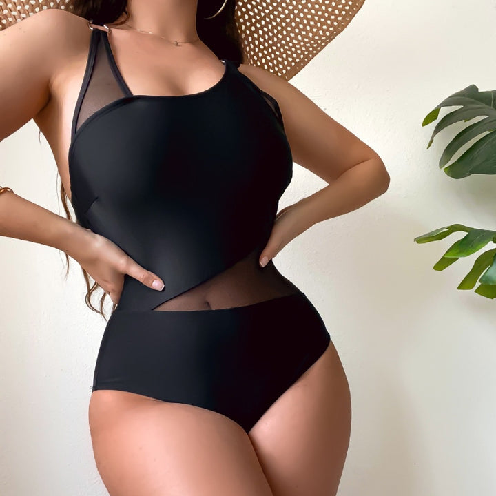 Ladies One-Piece Swimsuit with Transparent Inserts and Asymmetrical Design Mune Fashion