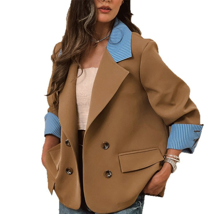 Women Oversized Double-Breasted Blazer with Contrast Collar & Cuffed Sleeves Mune Fashion