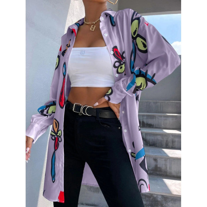 Women's Oversized Long Blouse with Pop Art Print, Shirt Collar and Continuous Button Placket Mune Fashion