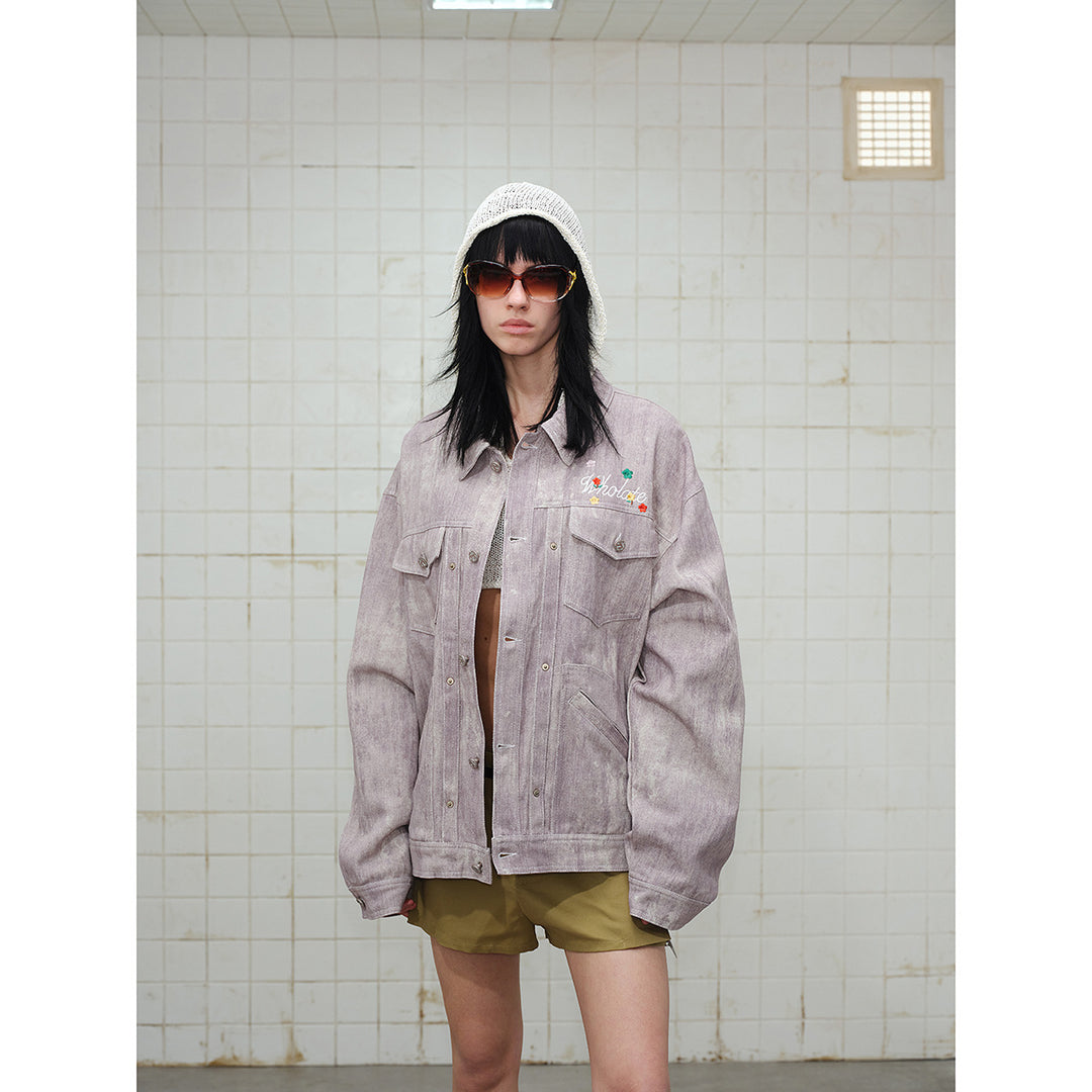 Unisex Boxy Denim Jacket with Acid Wash Effect, Flap Pockets and Floral Chest Embroidery Mune Fashion