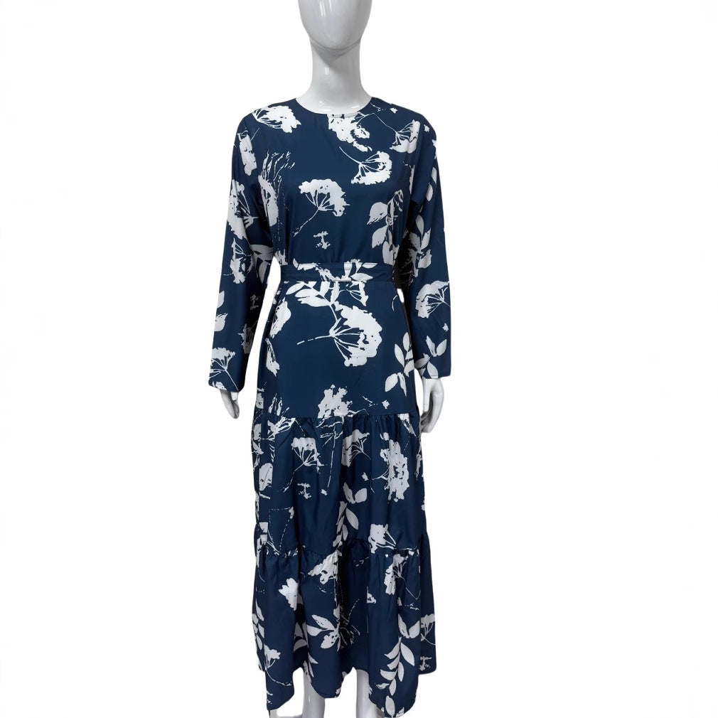 Women Long Floral Tiered Maxi Dress with Waist Belt & Round Neckline Mune Fashion