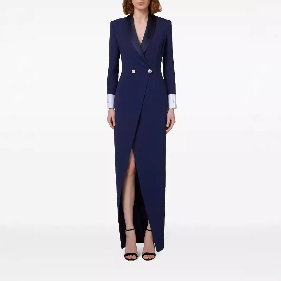 Women's Slim Smoking Blazer Dress in Maxi Length with Satin Lapels and Wrap Look Mune Fashion