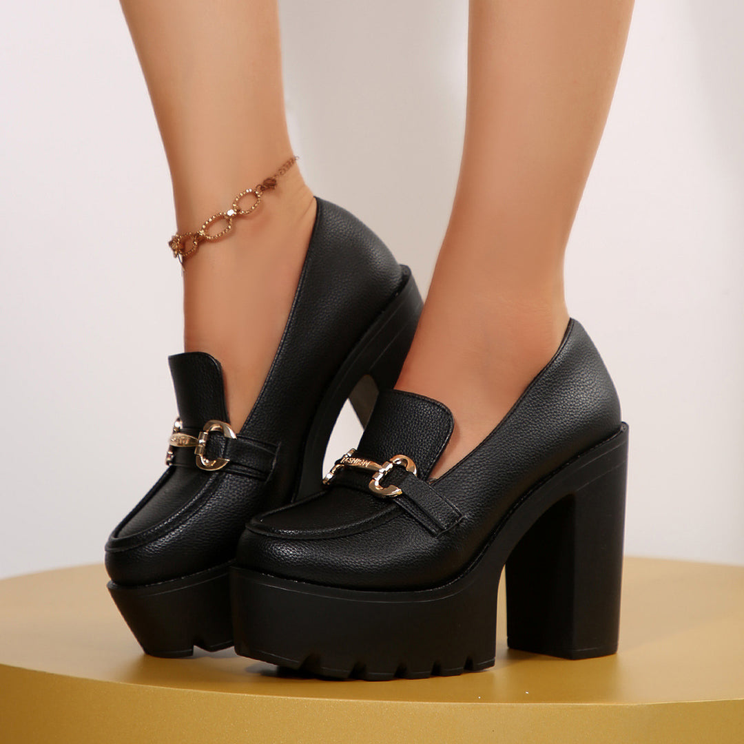 Women's Chunky Platform Loafer with High Block Heel and Decorative Bit Mune Fashion