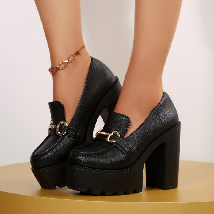 Women's Chunky Platform Loafer with High Block Heel and Decorative Bit Mune Fashion
