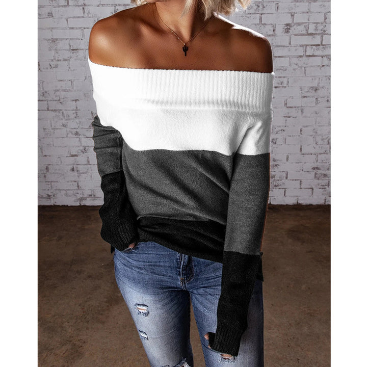 Women Off-Shoulder Colorblock Knit Sweater with Folded Collar Mune Fashion