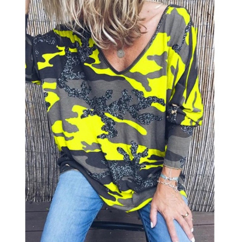 Women's Oversize V-Neck Long Shirt with Camouflage Print and Glitter Trim Mune Fashion
