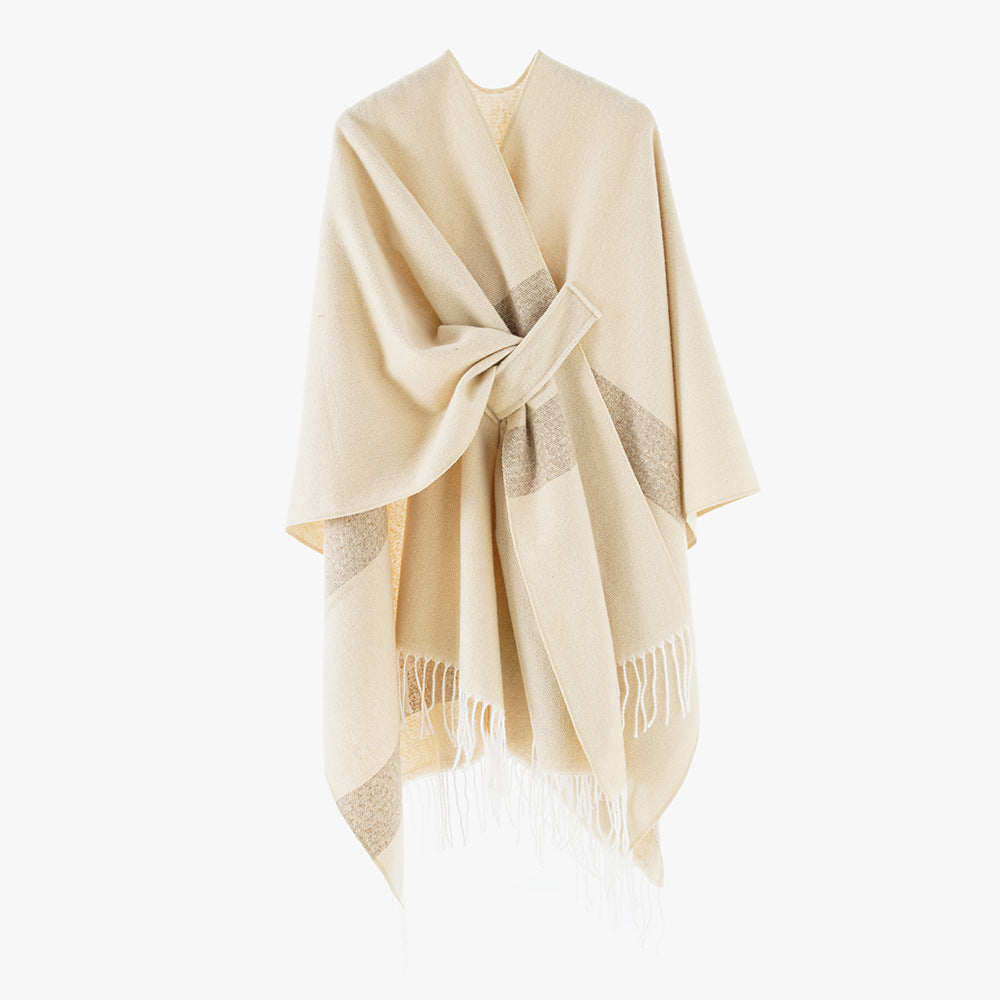 Women wool blend cape poncho with tie loops, soft woven oversized cover-up and fringe hem Mune Fashion
